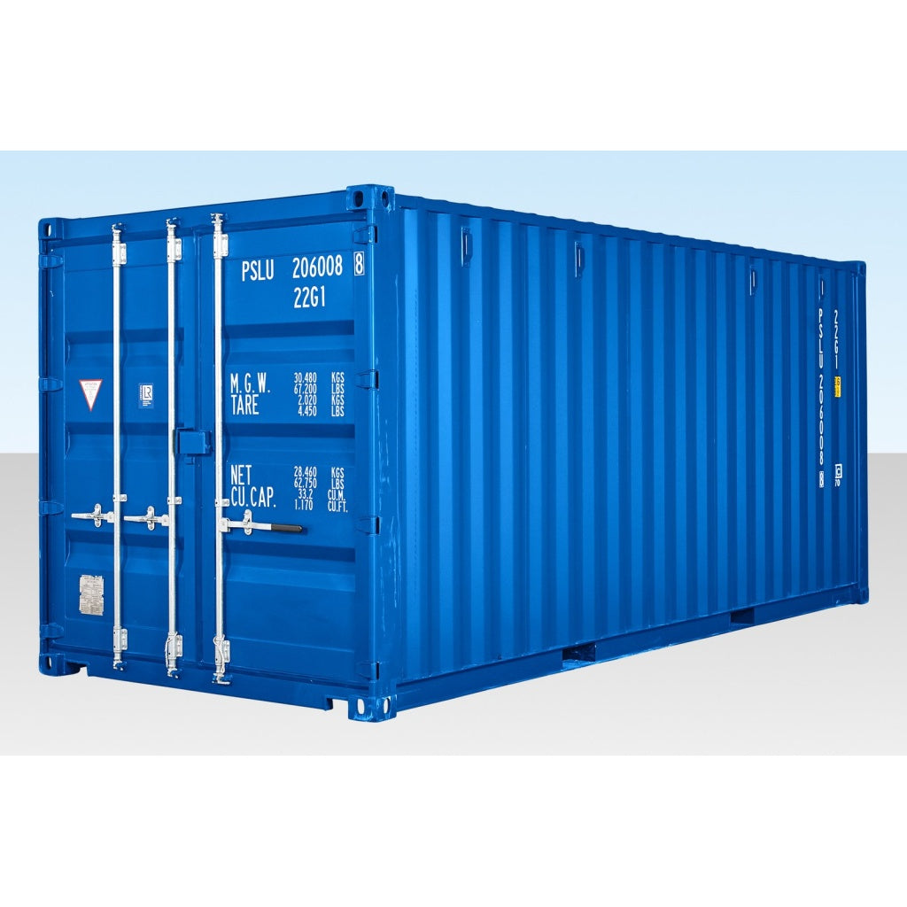 CONTENTOR DE AUTOSERVIÇO DE 20 PÉS COM PISO EM BAMBU – AZUL (RAL 5010)