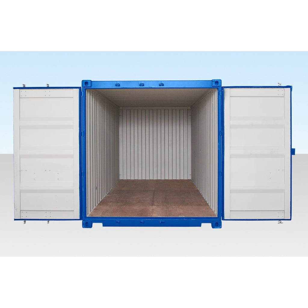 CONTENTOR DE AUTOSERVIÇO DE 20 PÉS COM PISO EM BAMBU – AZUL (RAL 5010)