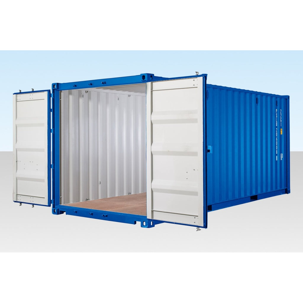 CONTENTOR DE AUTOSERVIÇO DE 20 PÉS COM PISO EM BAMBU – AZUL (RAL 5010)